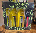 Gift set of three small bottles of olive oil and one  small bottle of balsamic vinegar