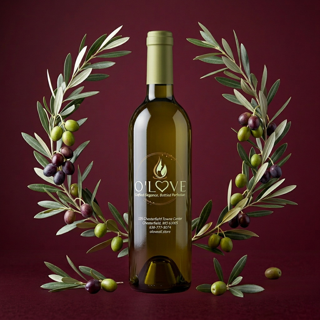 Bottle of olive oil with olive branches on a red background