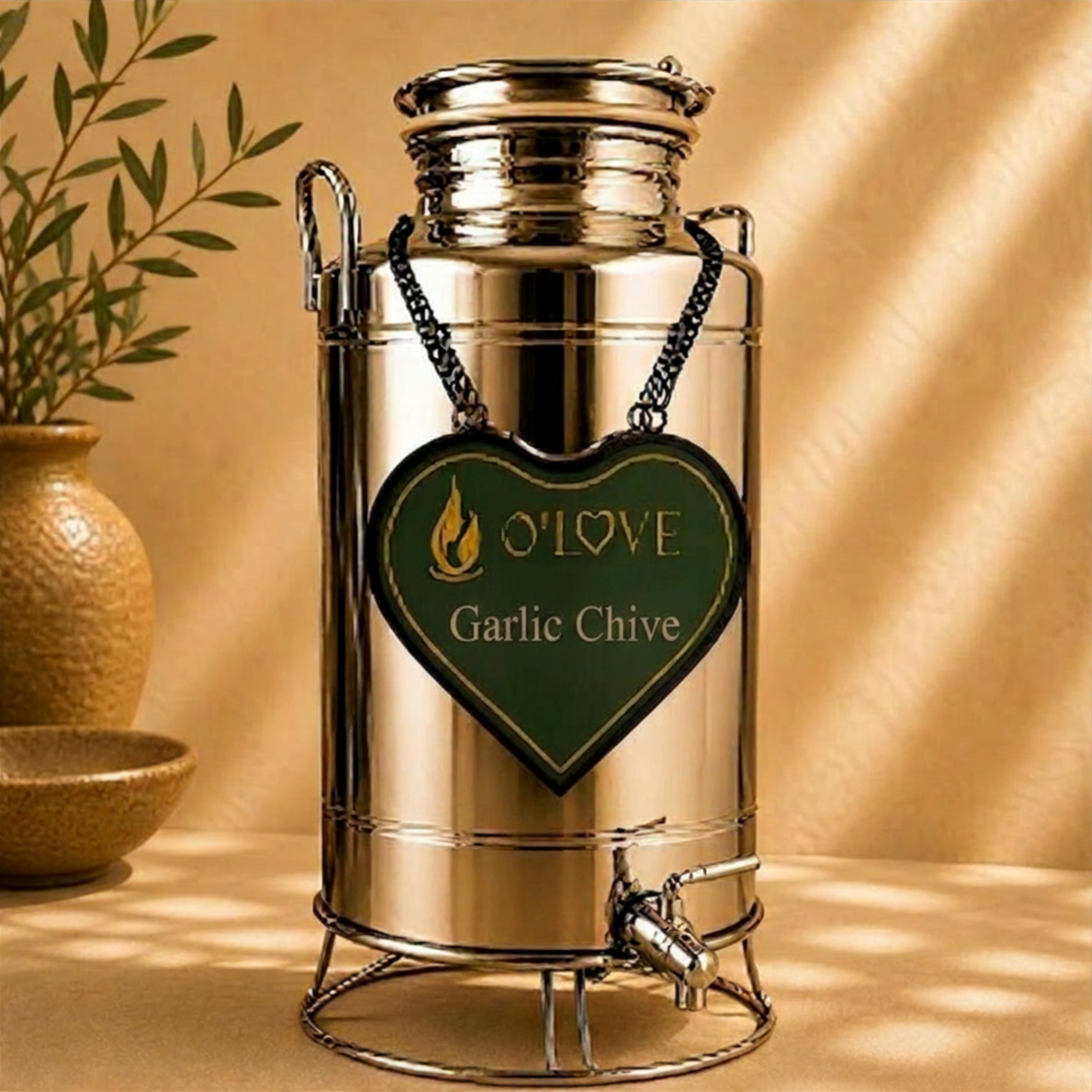 Silver herb dispenser with a heart-shaped 'O'Love Garlic Chive' label on a beige background.
