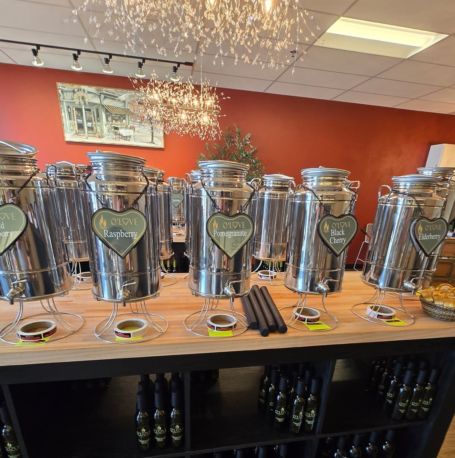 Image of store interior with metal oil and vinegar containers