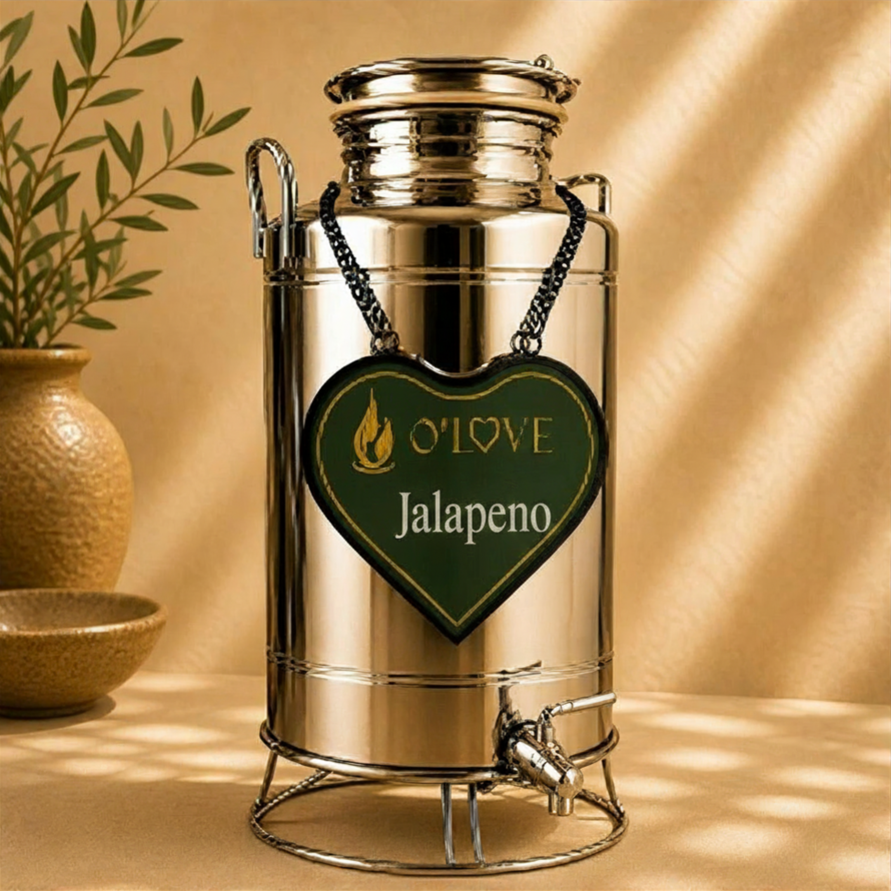 Silver herb dispenser with a heart-shaped 'O'Love Jalapeno' label on a beige background.
