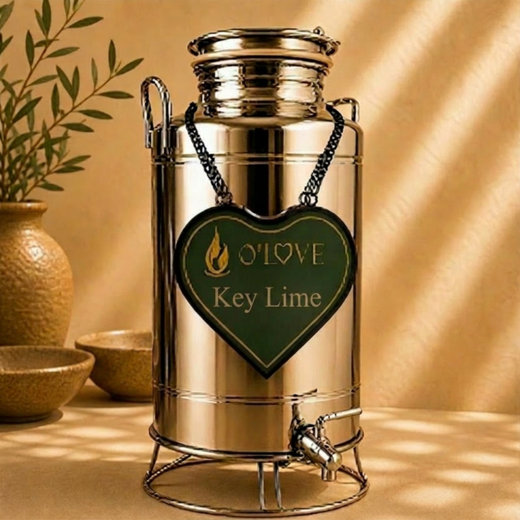 Metallic drink dispenser with a heart-shaped tag labeled 'O'Love Key Lime' on a warm-toned background.