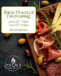 Platter of cured meats and cheeses with promotional text for a Super Practical Entertaining event.