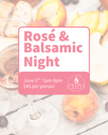 Promotional flyer for 'Rosé & Balsamic Night' event with wine glasses and fruits on a light background.