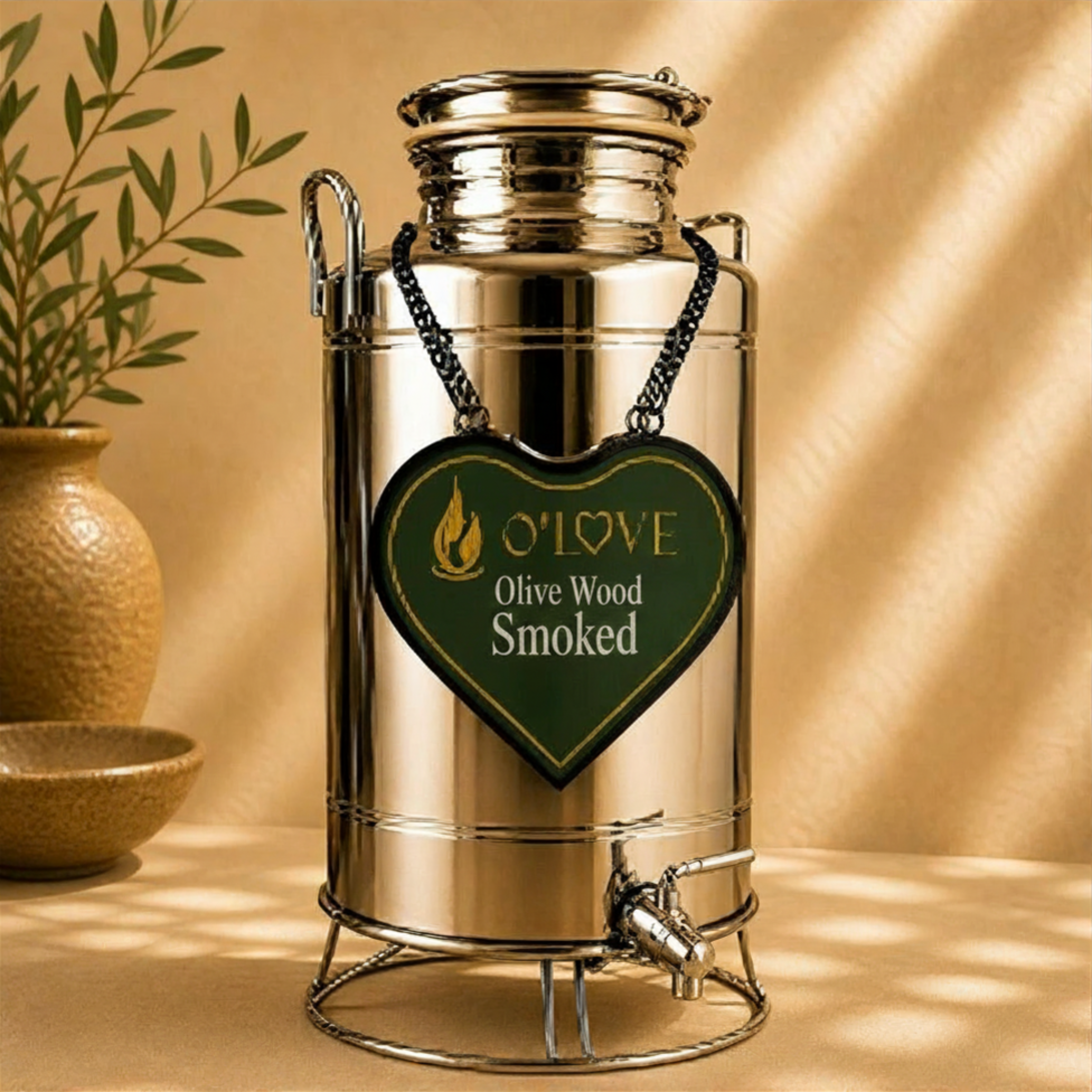 Silver herb dispenser with a heart-shaped 'O'Love Olive Wood Smoked' label on a beige background.