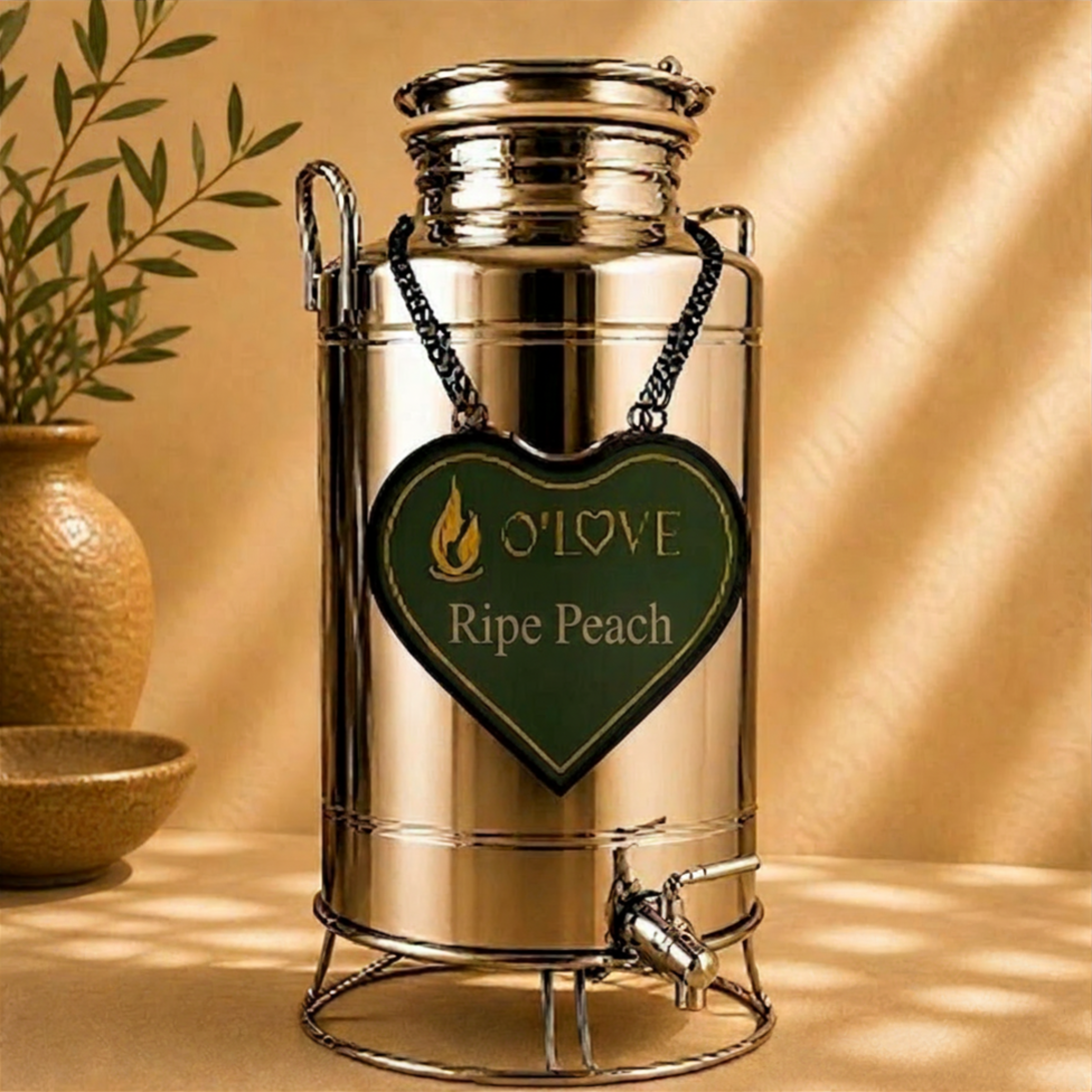 Silver herb dispenser with a heart-shaped 'O'Love Ripe Peach' label on a beige background.