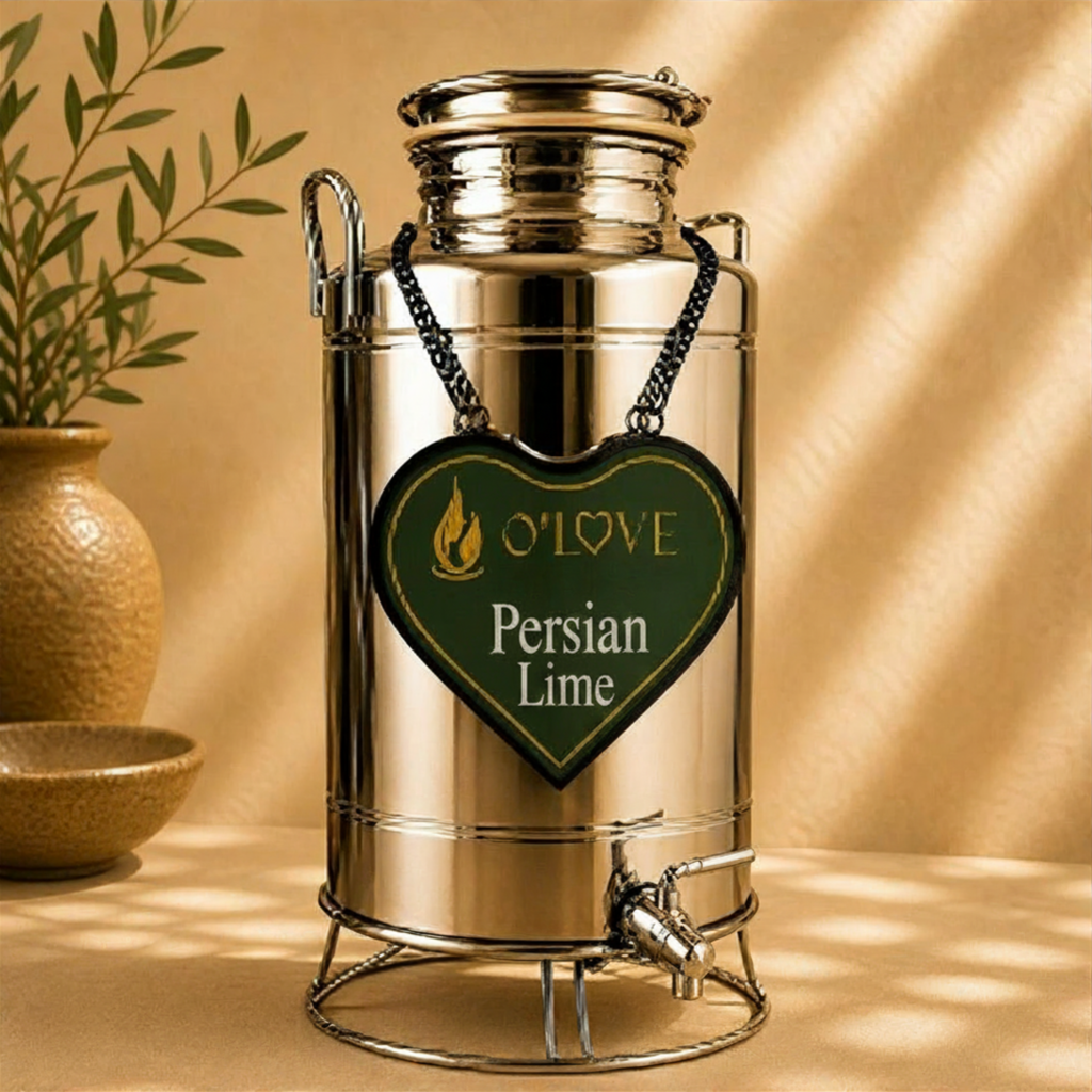 Silver herb dispenser with a heart-shaped 'O'Love Persian Lime' label on a beige background.