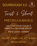 Promotional flyer for Sourdough 3.0 event with pretzels and bagels on a brown background.