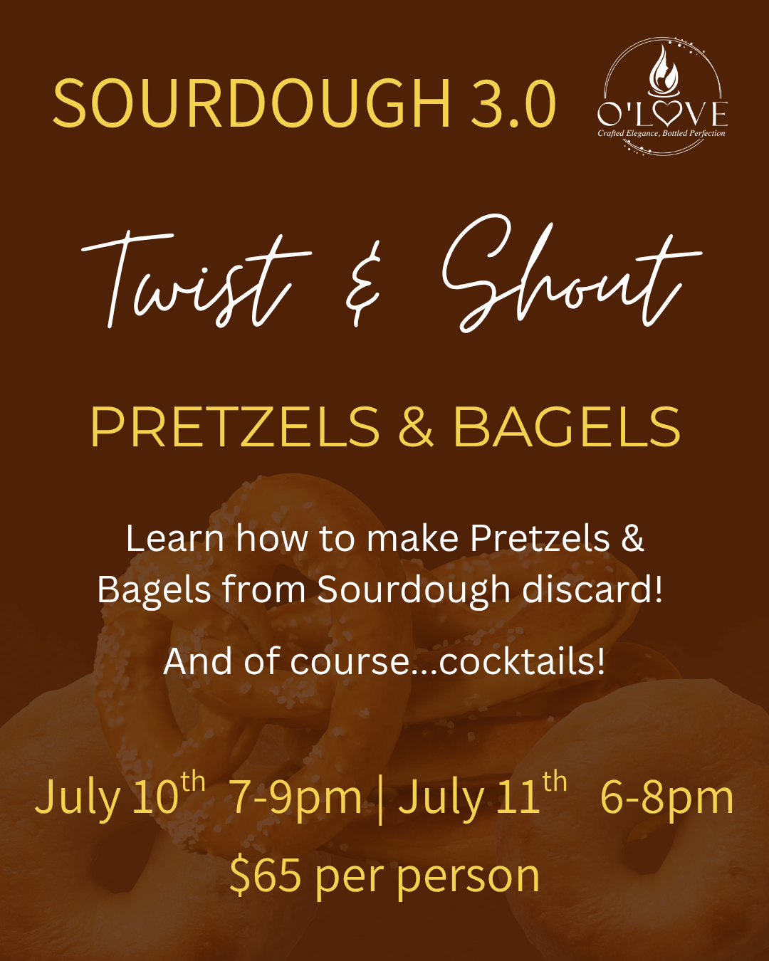 Promotional flyer for Sourdough 3.0 event with pretzels and bagels on a brown background.