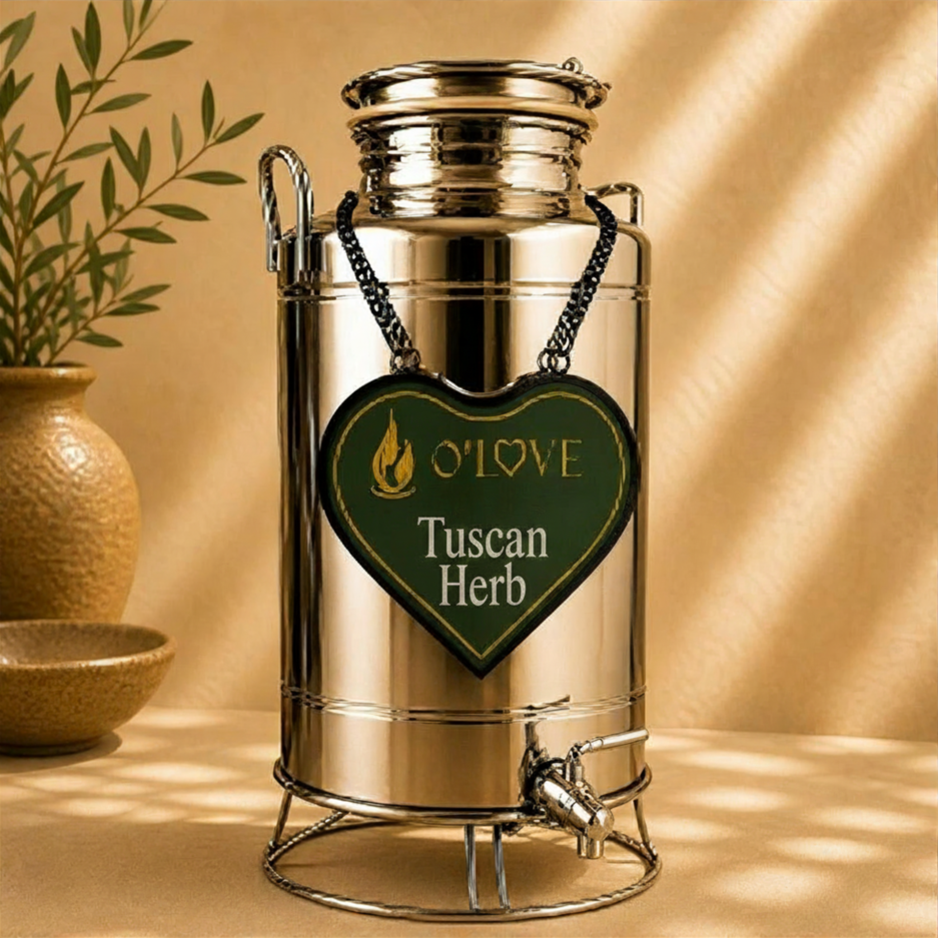 Silver herb dispenser with a heart-shaped 'O'Love Tuscan Herb' label on a beige background.