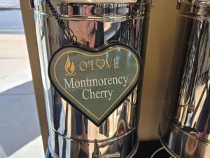 Metal container with Montmorency Cherry sign