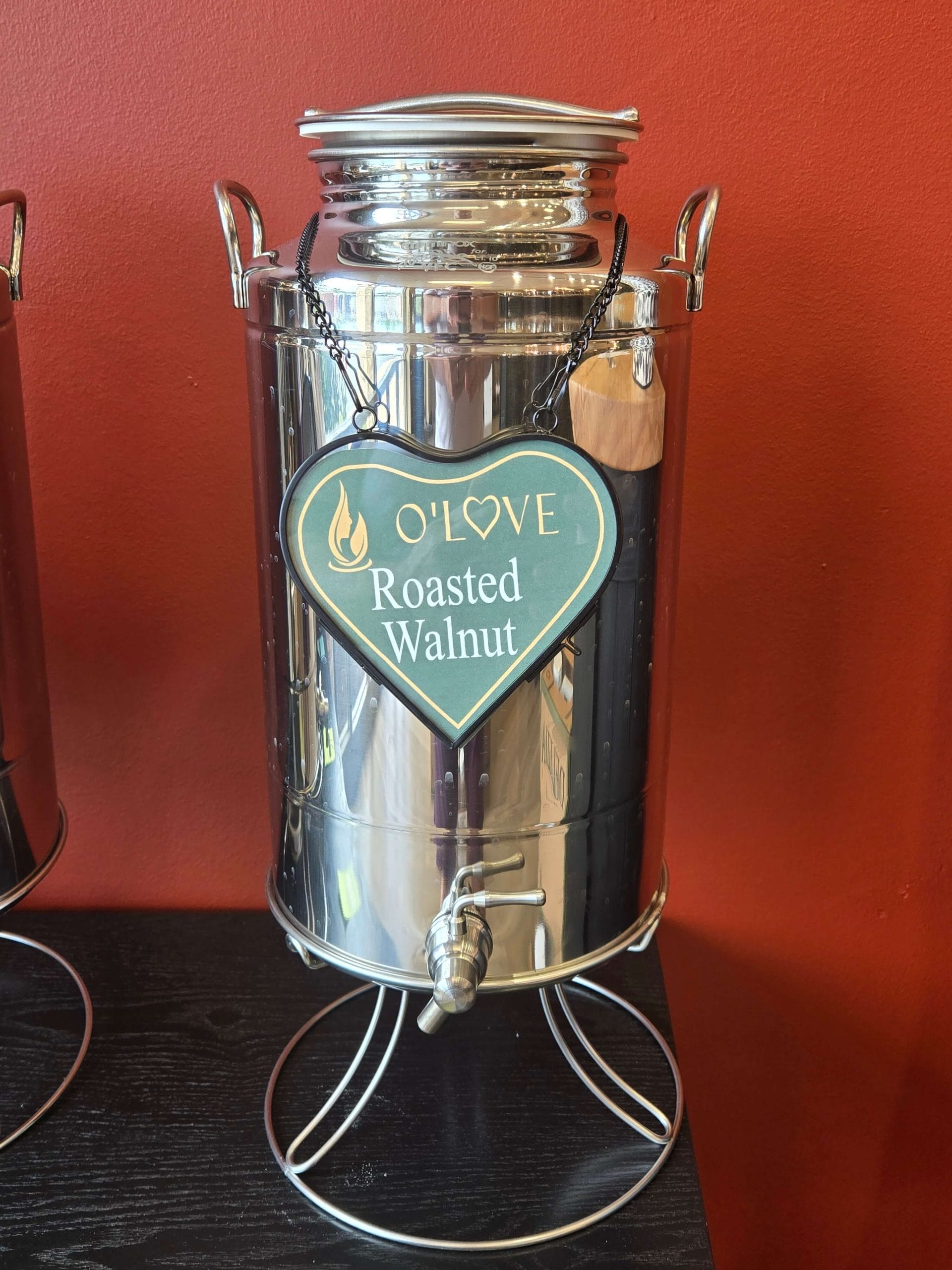 Metal container with Roasted Walnut sign